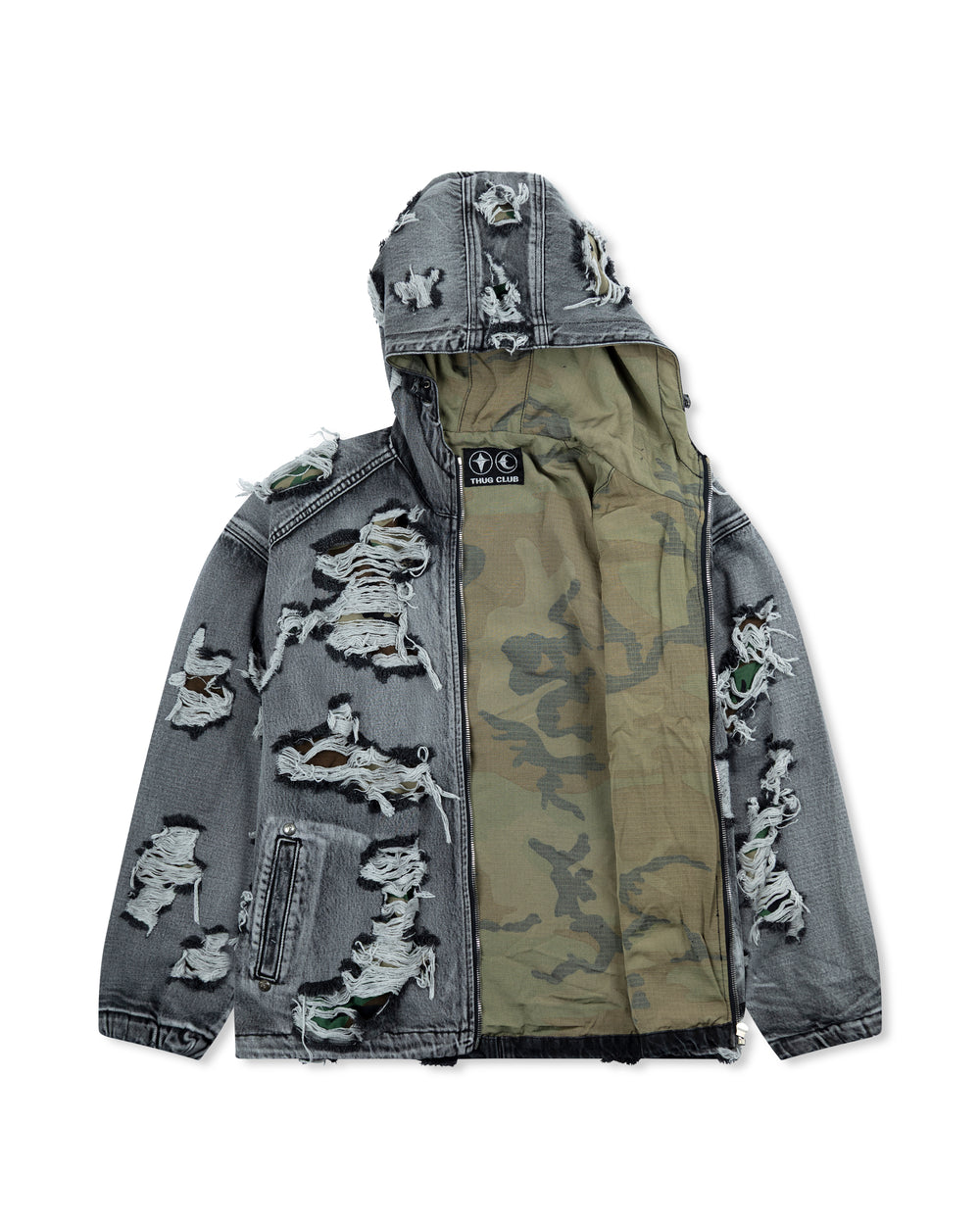 Thug Club Hell Denim Camo Hooded Zip-Up Black