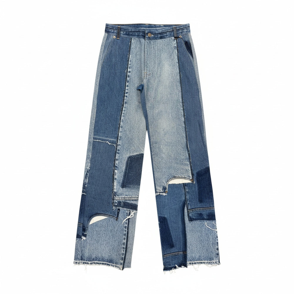UNDER THE SIGN WIDE DENIM PRINTED PATCHWORK PANTS BLUE