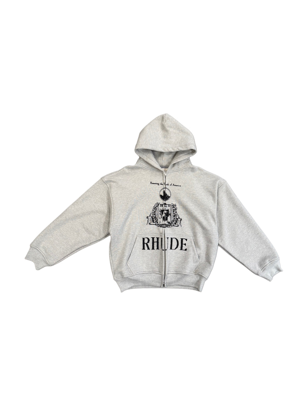 RHUDE YOUTH OF AMERICA ZIP-UP HOODIE HEATHER GREY/ BLACK