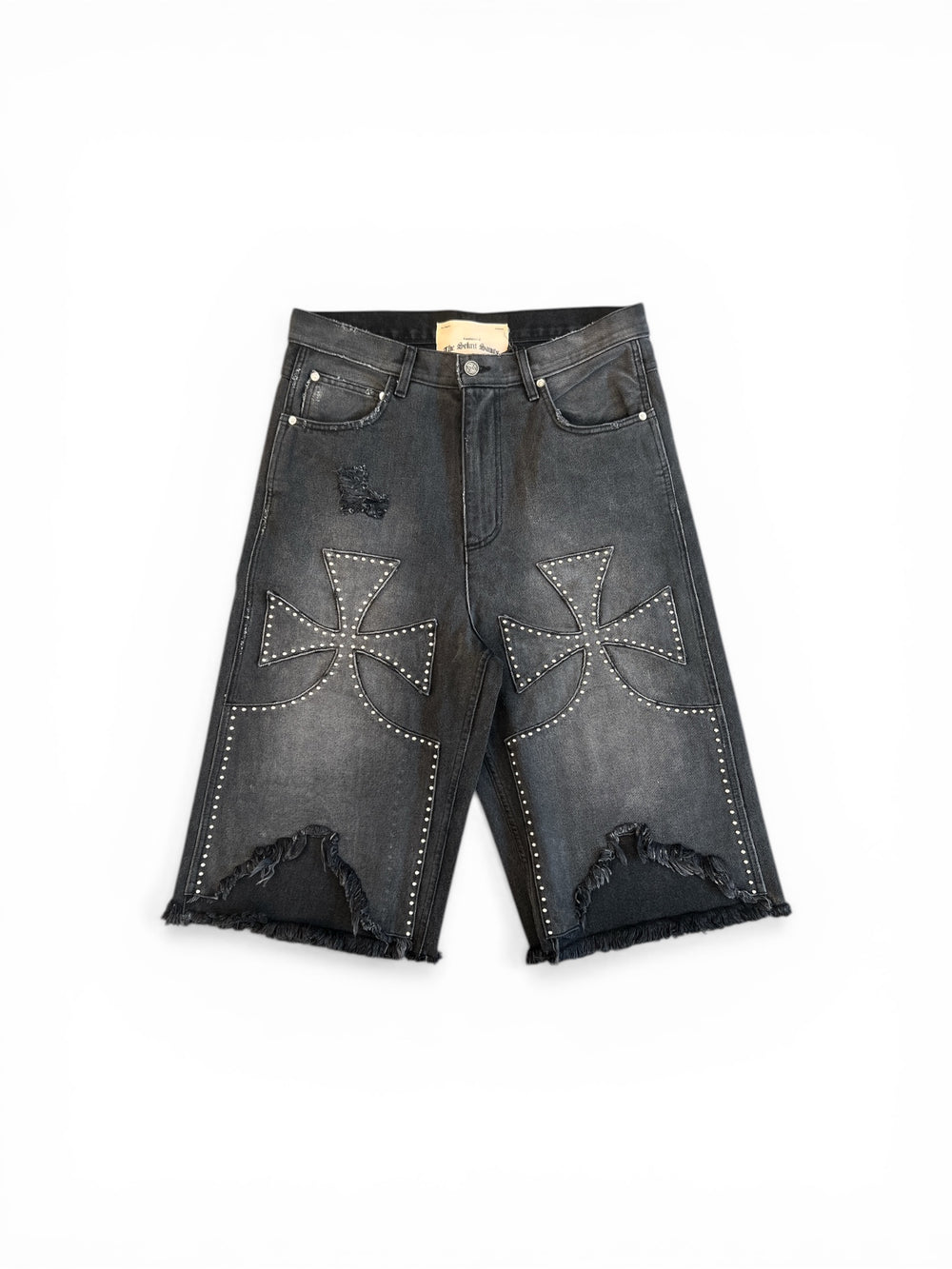 THE SEKRIT SAINTS STUDDED CHOPPER SHORT WASHED BLACK