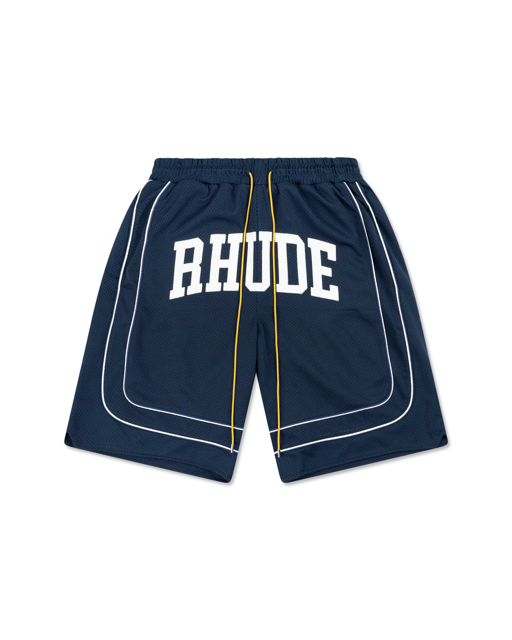 RHUDE BAGGY COLLEGIATE LOGO SHORTS NAVY / CREAM