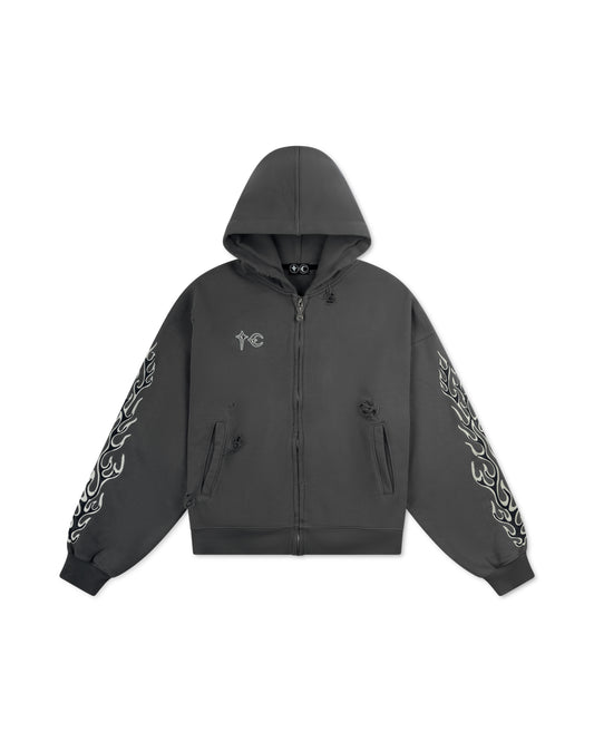 Thug Club Leather Flame Hooded Zip-Up Grey