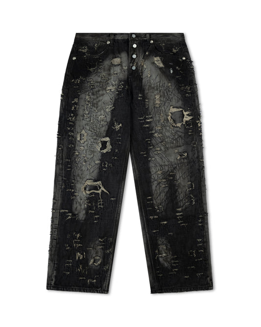 Thug Club Hard-Washed Damaged Denim Pants Black
