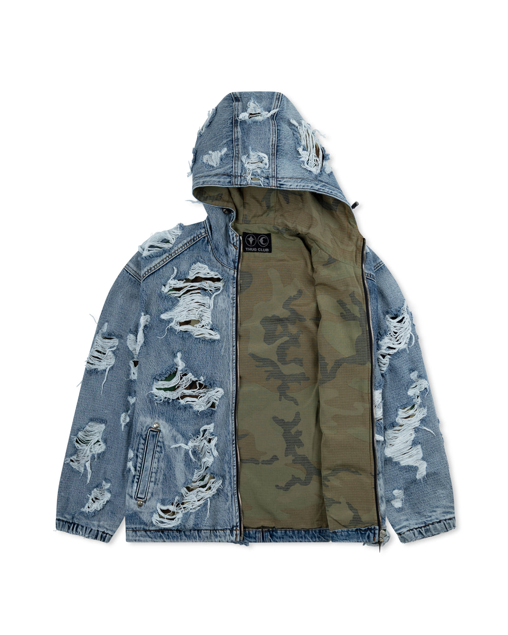 Thug Club Hell Denim Camo Hooded Zip-Up Blue