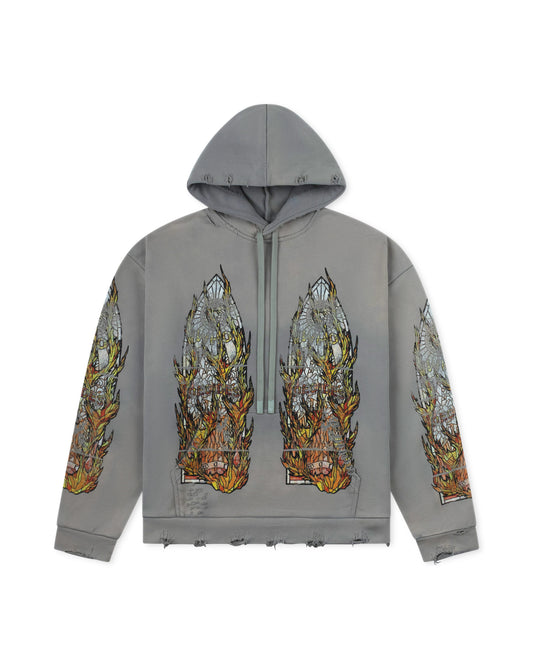 WHO DECIDES WAR FADED FLAME GLASS HOODED PULLOVER VINTAGE GREY