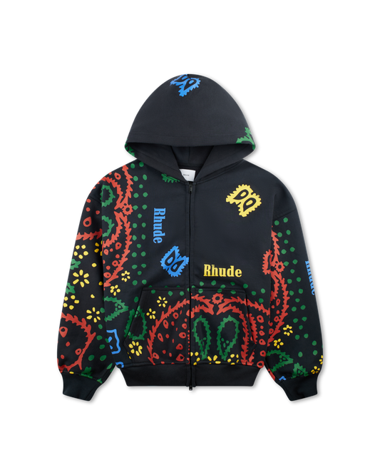 RHUDE BANDANA PRINT FULL-ZIP HOODIE VTG BLACK
