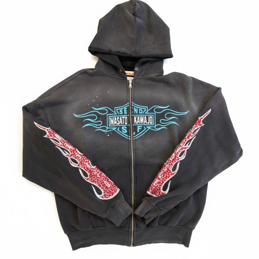 Secndslf x Masato Kawajo Firestorm Vintage Zip Up  Hoodie Washed Black