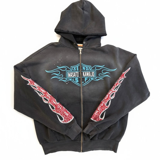 Secndslf x Masato Kawajo Firestorm Vintage Zip Up  Hoodie Washed Black
