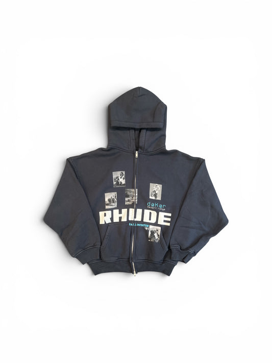 RHUDE WINTER 91 RALLYE ZIP-UP HOODIE VINTAGE BLACK / WHITE / BLUE