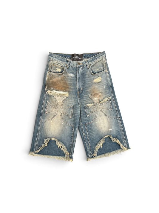 SEKRIT STUDDED CHOPPER SHORT STAINED VINTAGE BLUE