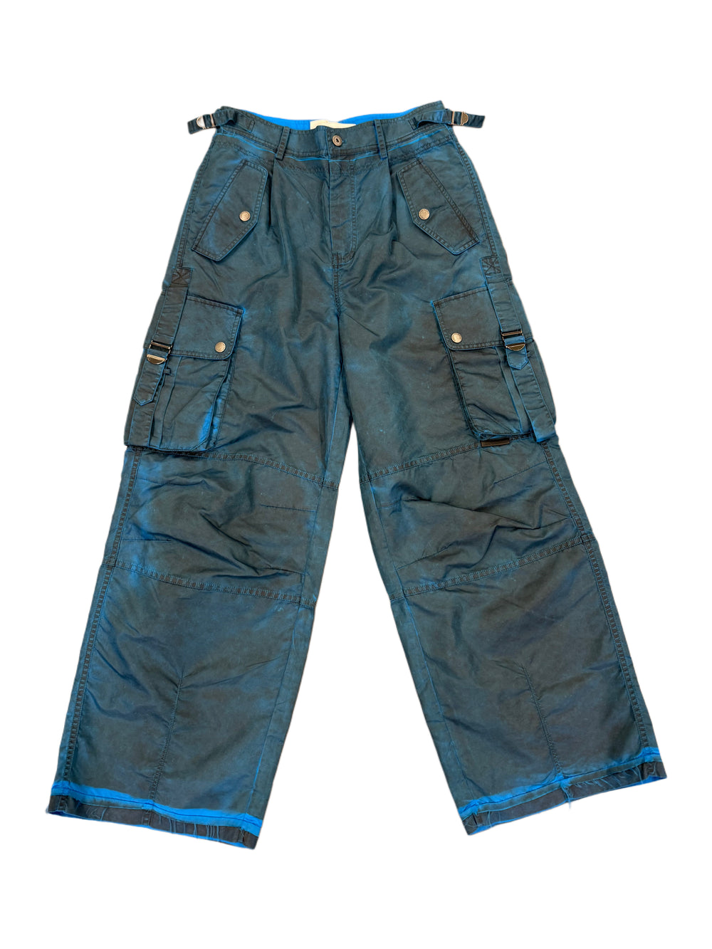 Feng Chen Wang Cargo Trousers In Spray Painted Nylon Washed Prussian Blue