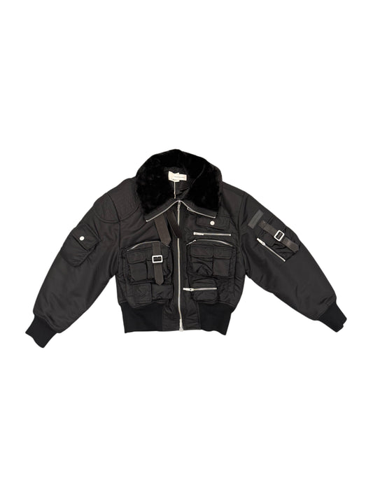 Feng Chen Wang Multipocket Cargo Jacket With Leather Trim Black