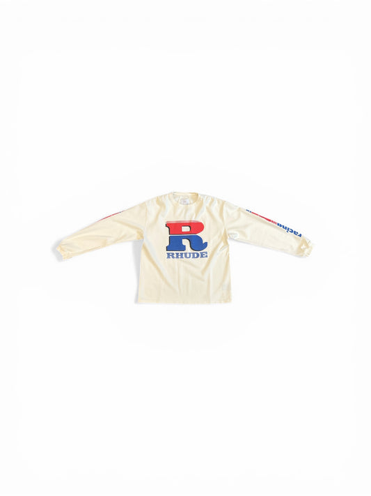 RHUDE SPLIT PETROL LOGO LS TEE VINTAGE WHITE/ RED/ BLUE