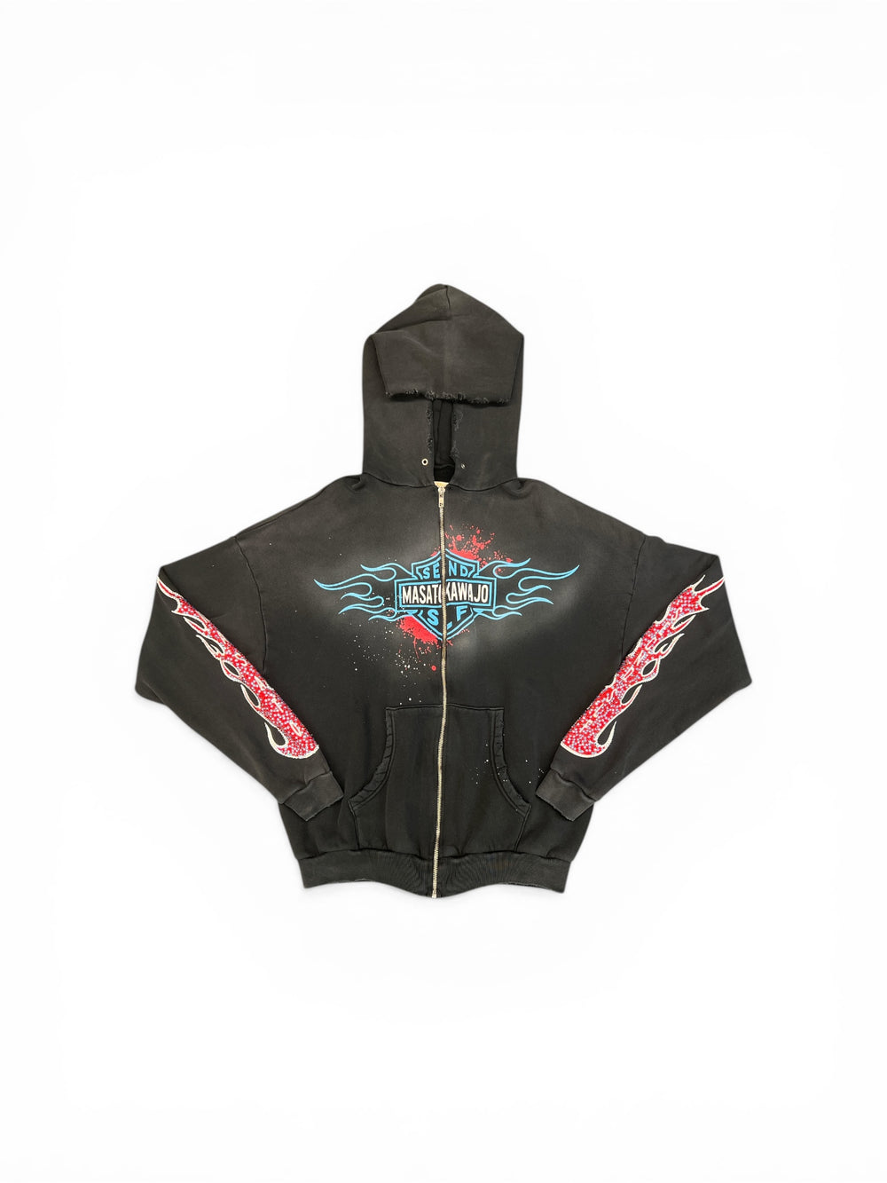 Secndslf x Masato Kawajo Firestorm Vintage Zip Up  Hoodie Washed Black