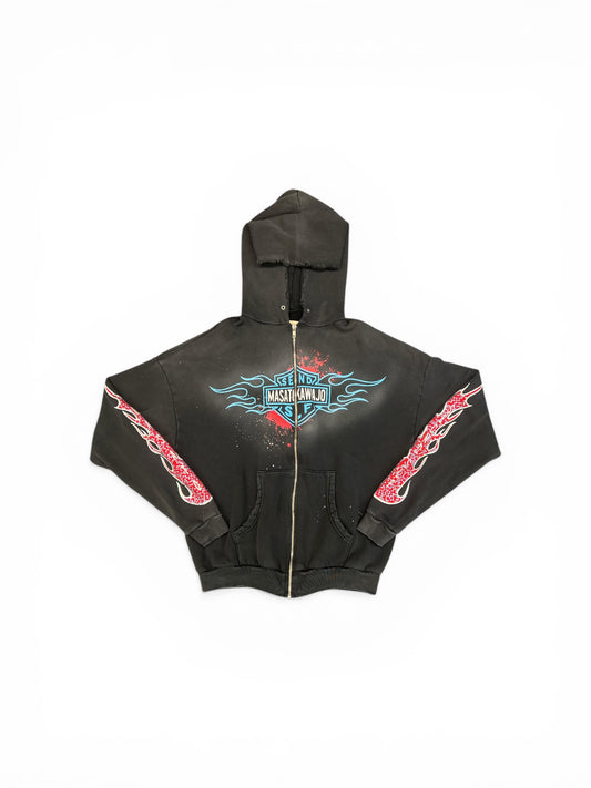 Secndslf x Masato Kawajo Firestorm Vintage Zip Up  Hoodie Washed Black