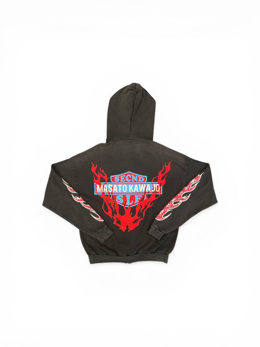 Secndslf x Masato Kawajo Firestorm Vintage Zip Up  Hoodie Washed Black