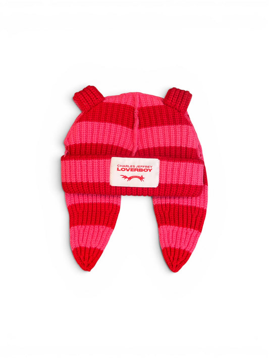 CHARLES JEFFREY LOVERBOY CHUNKY RABBIT BEANIE RED + PINK STRIPE