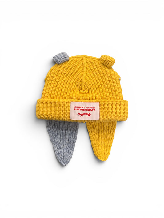 CHARLES JEFFREY LOVERBOY CHUNKY RABBIT BEANIE YELLOW + LIGHT BLUE