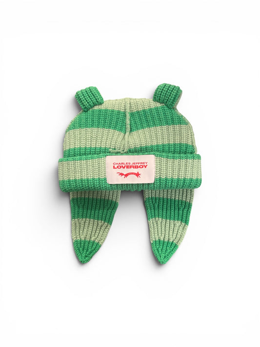 CHARLES JEFFREY LOVERBOY CHUNKY RABBIT BEANIE GREEN STRIPE