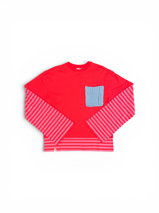 CHARLES JEFFREY LOVERBOY LONG SLEEVE 2-IN-1 TEE WITH KNIT PATCH CORAL STRIPE