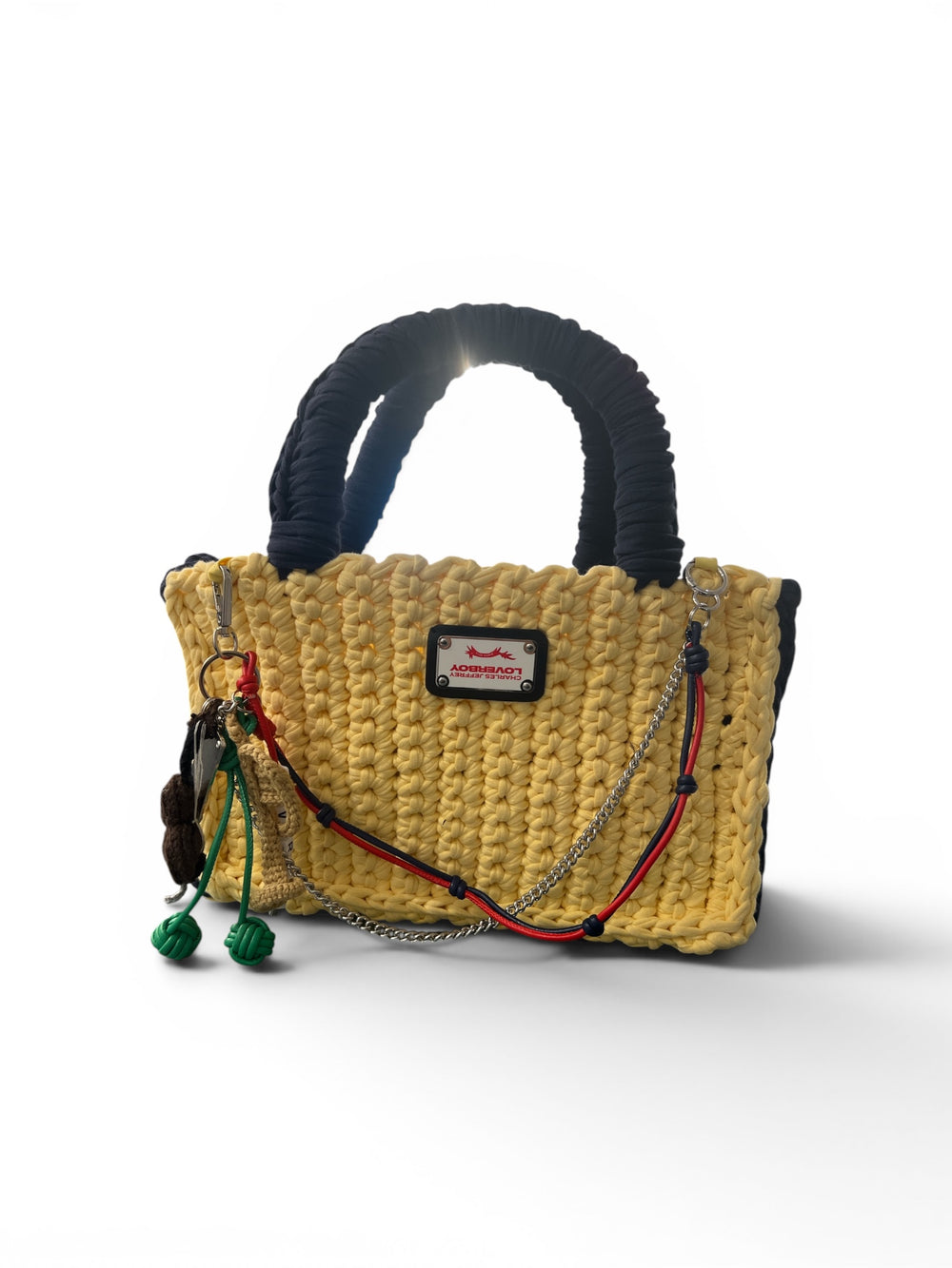 CHARLES JEFFREY LOVERBOY BUCKET BAG WITH INSTRUMENTS CHARM YELLOW + NAVY