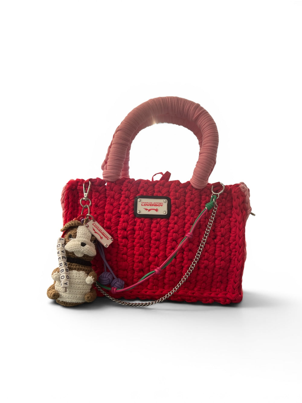 CHARLES JEFFREY LOVERBOY BUCKET BAG WITH BULLDOG CHARM RED + PINK