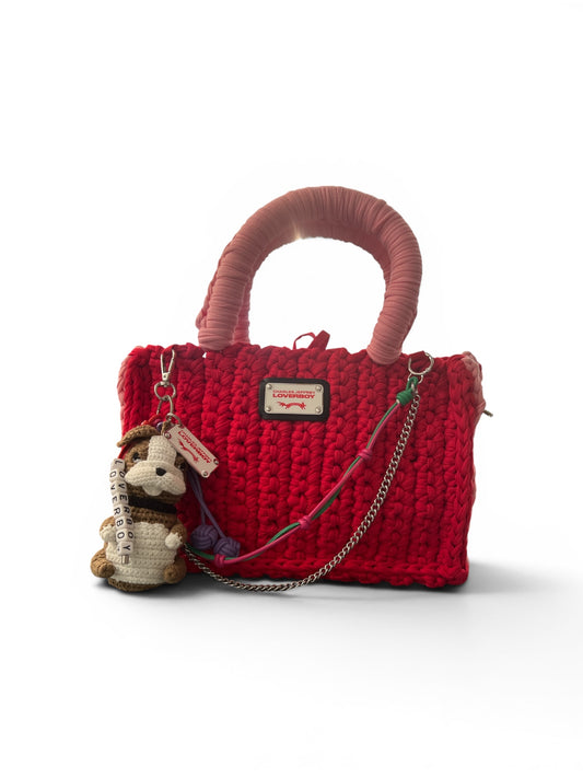 CHARLES JEFFREY LOVERBOY BUCKET BAG WITH BULLDOG CHARM RED + PINK