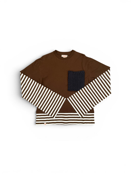 CHARLES JEFFREY LOVERBOY LONG SLEEVE 2-IN-1 TEE WITH KNIT PATCH BROWN STRIPE