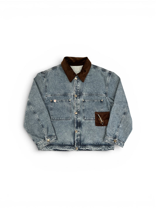 CHARLES JEFFREY LOVERBOY DENIM JACKET WITH CORDUROY COLLAR WASHED DENIM