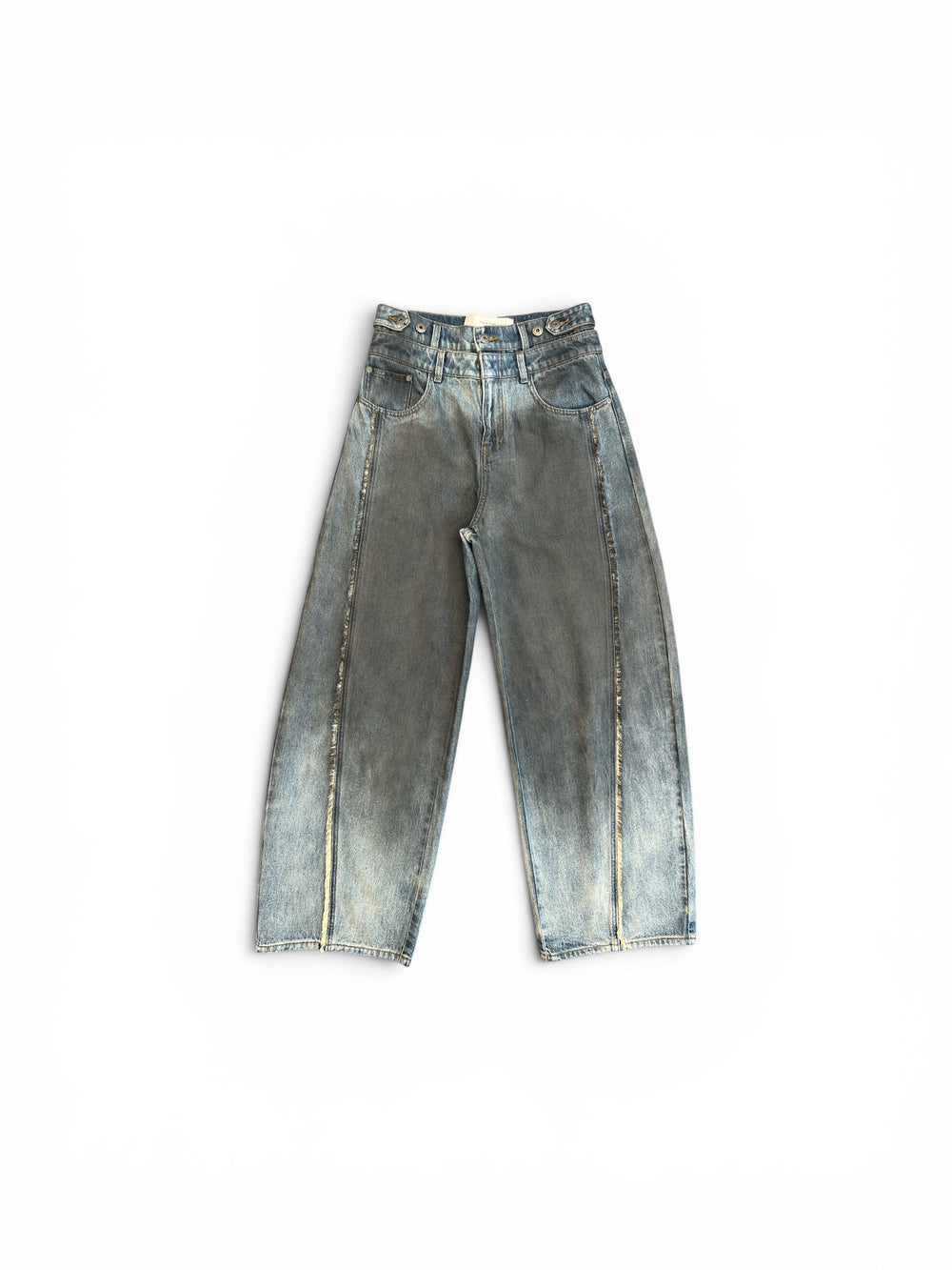 FENG CHEN WANG DOUBLE WAIST GRADIENT INDIGO DENIM TROUSERS BLUE-BLACK
