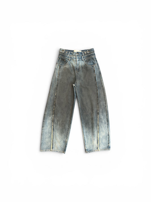 FENG CHEN WANG DOUBLE WAIST GRADIENT INDIGO DENIM TROUSERS BLUE-BLACK