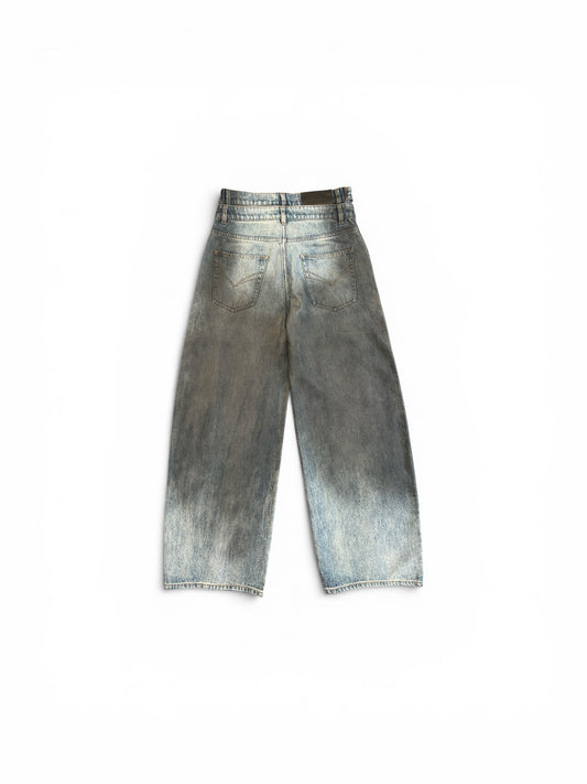 FENG CHEN WANG DOUBLE WAIST GRADIENT INDIGO DENIM TROUSERS BLUE-BLACK